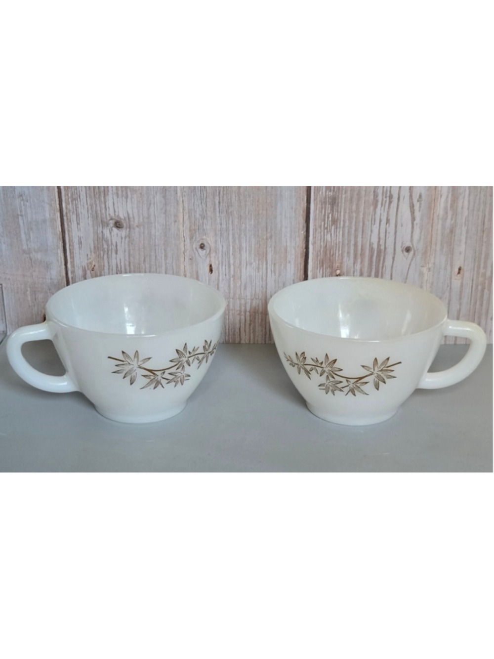 Vintage Federal Glass Golden Glory Milk Glass Coffee Cups Brown Floral Pair